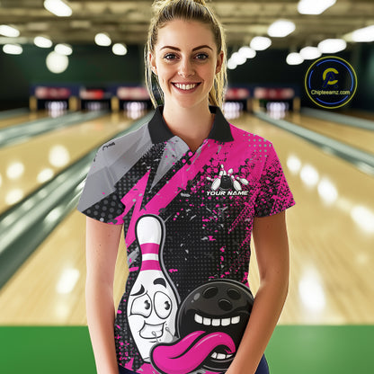Custom Funny Bowling Women Polo Shirt, Purple Bowling Ball And Pin Bowling Jersey IPHW12728
