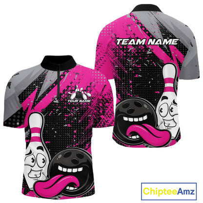 Custom Funny Bowling Men Quarter Zip Shirt, Purple Bowling Ball And Pin Bowling Jersey IPHW12728