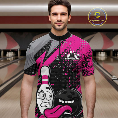 Custom Funny Bowling Men Quarter Zip Shirt, Purple Bowling Ball And Pin Bowling Jersey IPHW12728