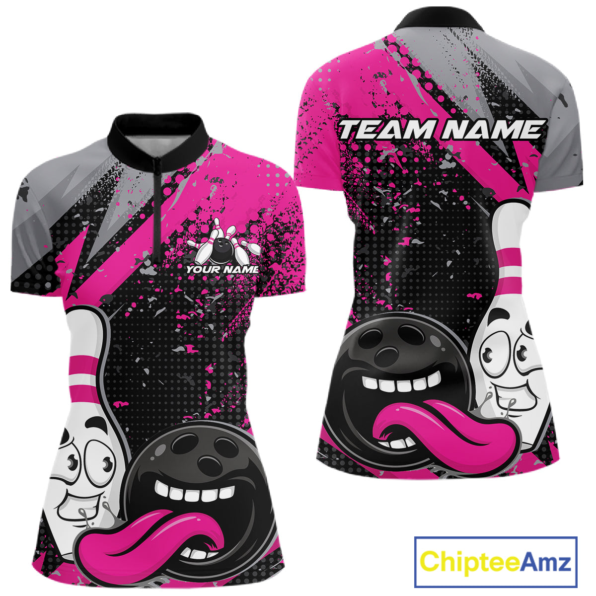 Custom Funny Bowling Women Quarter-Zip Shirt, Purple Bowling Ball And Pin Bowling Jersey IPHW12728