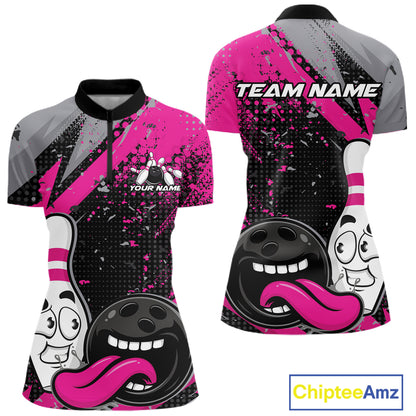 Custom Funny Bowling Women Quarter-Zip Shirt, Purple Bowling Ball And Pin Bowling Jersey IPHW12728