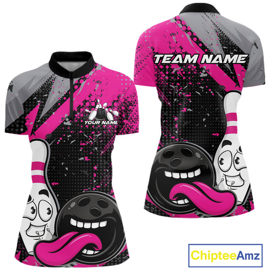 Custom Funny Bowling Women Quarter-Zip Shirt, Purple Bowling Ball And Pin Bowling Jersey IPHW12728