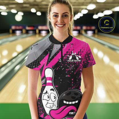 Custom Funny Bowling Women Quarter-Zip Shirt, Purple Bowling Ball And Pin Bowling Jersey IPHW12728
