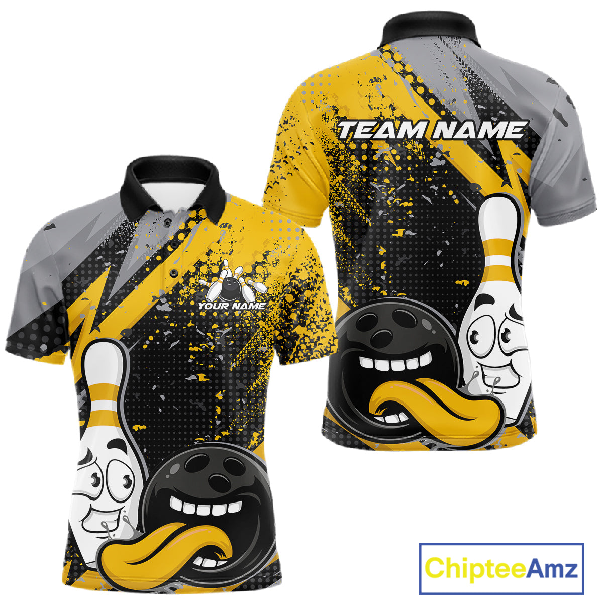 Custom Funny Bowling Men Polo Shirt, Yellow Bowling Ball And Pin Bowling Jersey IPHW12729