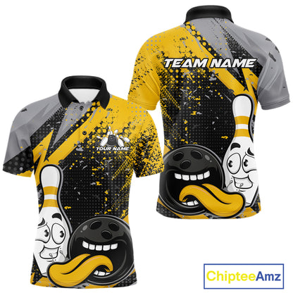 Custom Funny Bowling Men Polo Shirt, Yellow Bowling Ball And Pin Bowling Jersey IPHW12729