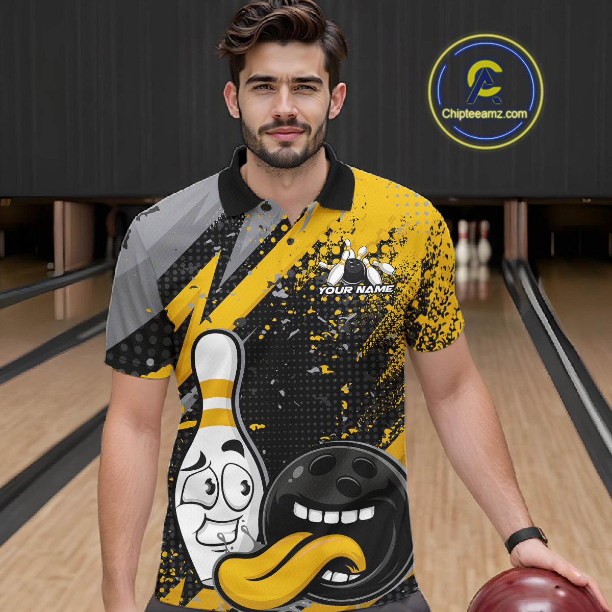 Custom Funny Bowling Men Polo Shirt, Yellow Bowling Ball And Pin Bowling Jersey IPHW12729