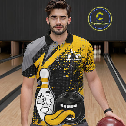 Custom Funny Bowling Men Polo Shirt, Yellow Bowling Ball And Pin Bowling Jersey IPHW12729