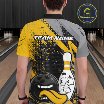 Custom Funny Bowling Men Polo Shirt, Yellow Bowling Ball And Pin Bowling Jersey IPHW12729