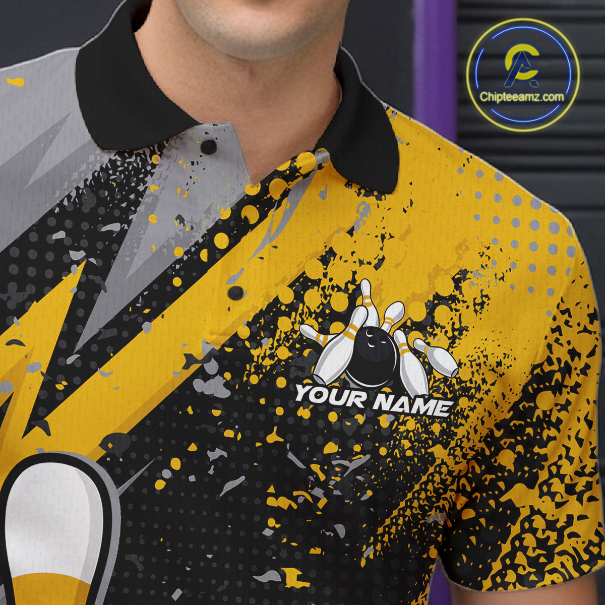 Custom Funny Bowling Men Polo Shirt, Yellow Bowling Ball And Pin Bowling Jersey IPHW12729