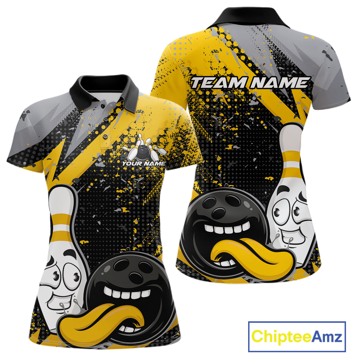 Custom Funny Bowling Women Polo Shirt, Yellow Bowling Ball And Pin Bowling Jersey IPHW12729