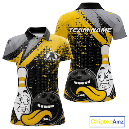 Custom Funny Bowling Women Polo Shirt, Yellow Bowling Ball And Pin Bowling Jersey IPHW12729