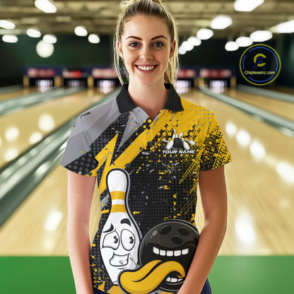 Custom Funny Bowling Women Polo Shirt, Yellow Bowling Ball And Pin Bowling Jersey IPHW12729