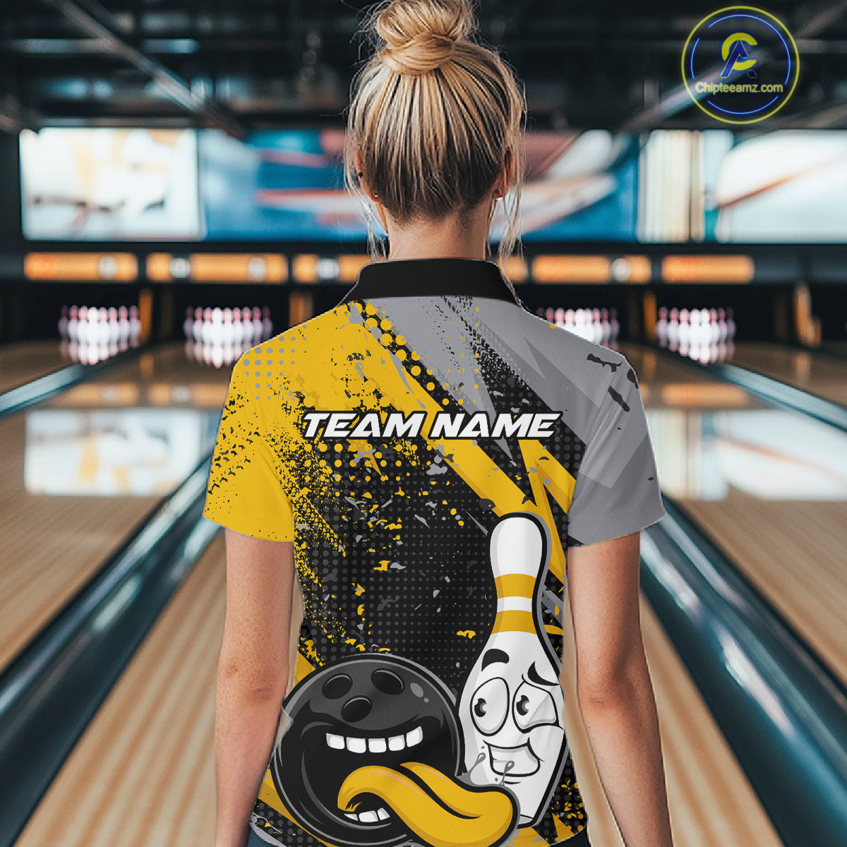 Custom Funny Bowling Women Polo Shirt, Yellow Bowling Ball And Pin Bowling Jersey IPHW12729