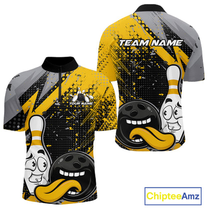 Custom Funny Bowling Men Quarter Zip Shirt, Yellow Bowling Ball And Pin Bowling Jersey IPHW12729
