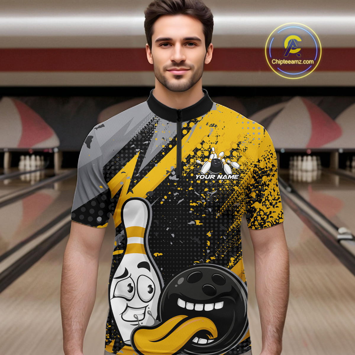 Custom Funny Bowling Men Quarter Zip Shirt, Yellow Bowling Ball And Pin Bowling Jersey IPHW12729