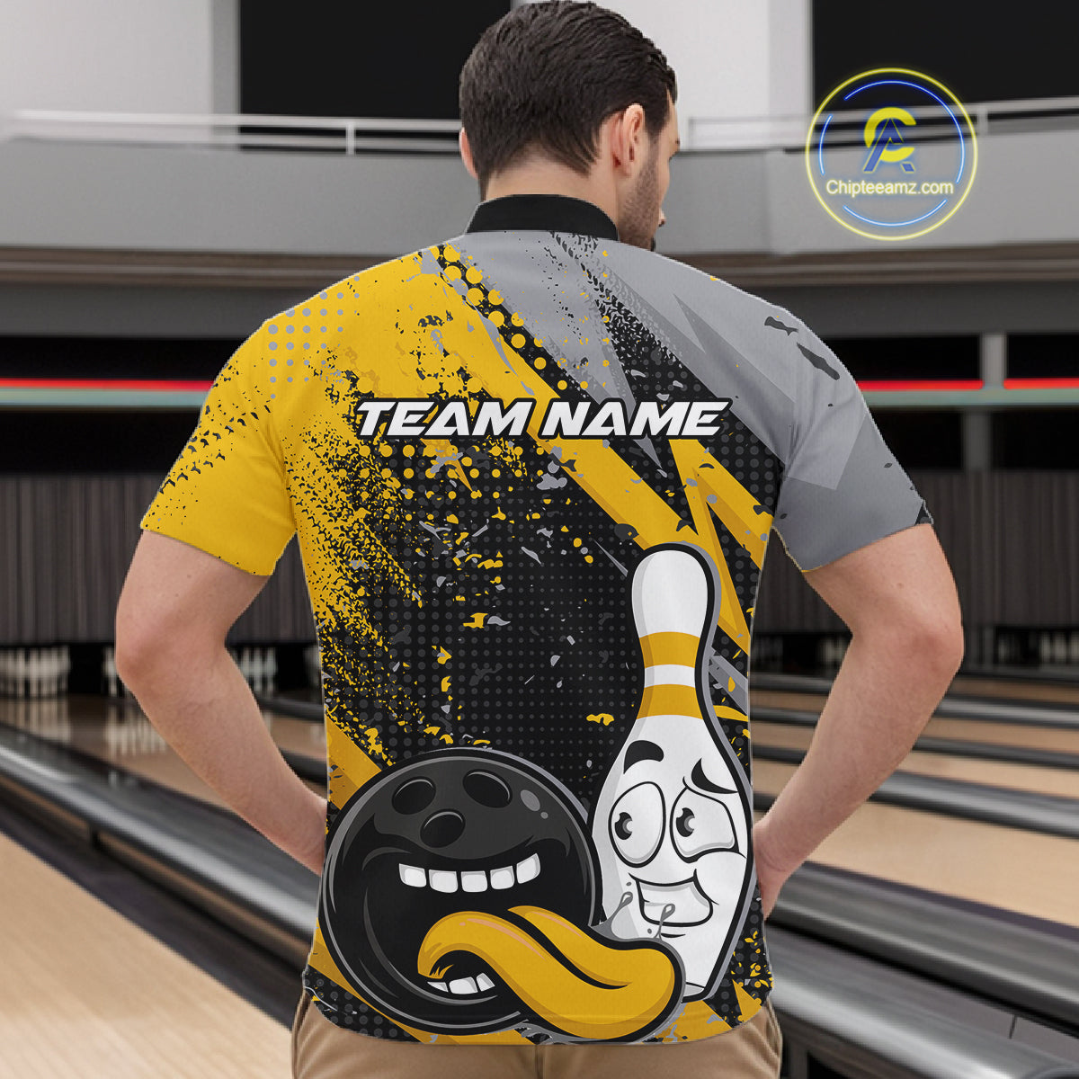 Custom Funny Bowling Men Quarter Zip Shirt, Yellow Bowling Ball And Pin Bowling Jersey IPHW12729