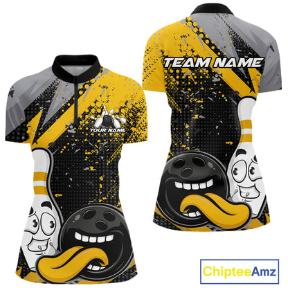 Custom Funny Bowling Women Quarter-Zip Shirt, Yellow Bowling Ball And Pin Bowling Jersey IPHW12729