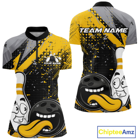 Custom Funny Bowling Women Quarter-Zip Shirt, Yellow Bowling Ball And Pin Bowling Jersey IPHW12729