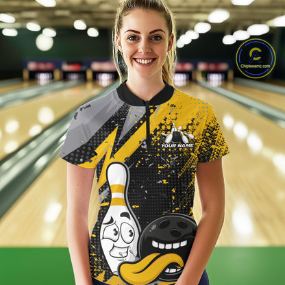 Custom Funny Bowling Women Quarter-Zip Shirt, Yellow Bowling Ball And Pin Bowling Jersey IPHW12729