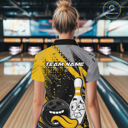Custom Funny Bowling Women Quarter-Zip Shirt, Yellow Bowling Ball And Pin Bowling Jersey IPHW12729