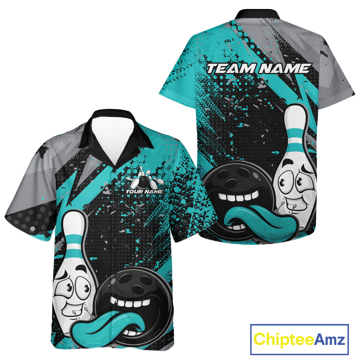 Custom Funny Bowling Men And Women Button Up Shirt, Turquoise Bowling Ball And Pin Bowling Jersey IPHW12730