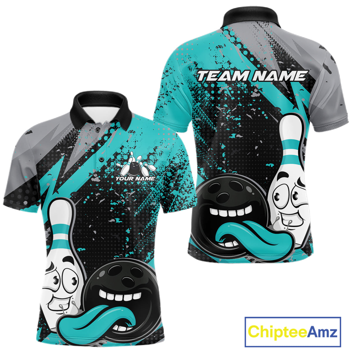 Custom Funny Bowling Men Polo Shirt, Turquoise Bowling Ball And Pin Bowling Jersey IPHW12730
