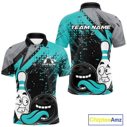 Custom Funny Bowling Men Polo Shirt, Turquoise Bowling Ball And Pin Bowling Jersey IPHW12730