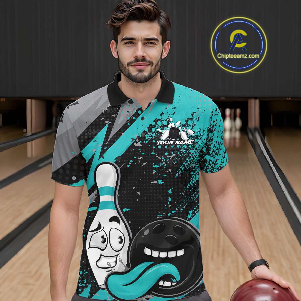 Custom Funny Bowling Men Polo Shirt, Turquoise Bowling Ball And Pin Bowling Jersey IPHW12730