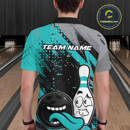 Custom Funny Bowling Men Polo Shirt, Turquoise Bowling Ball And Pin Bowling Jersey IPHW12730