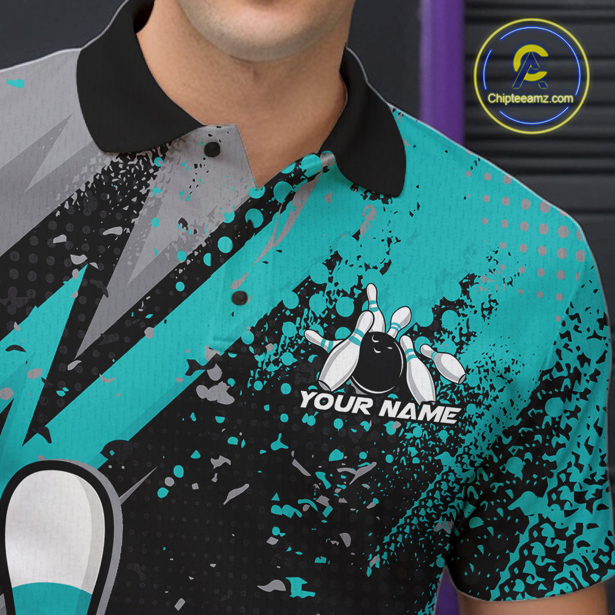 Custom Funny Bowling Men Polo Shirt, Turquoise Bowling Ball And Pin Bowling Jersey IPHW12730