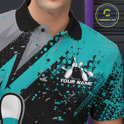 Custom Funny Bowling Men Polo Shirt, Turquoise Bowling Ball And Pin Bowling Jersey IPHW12730