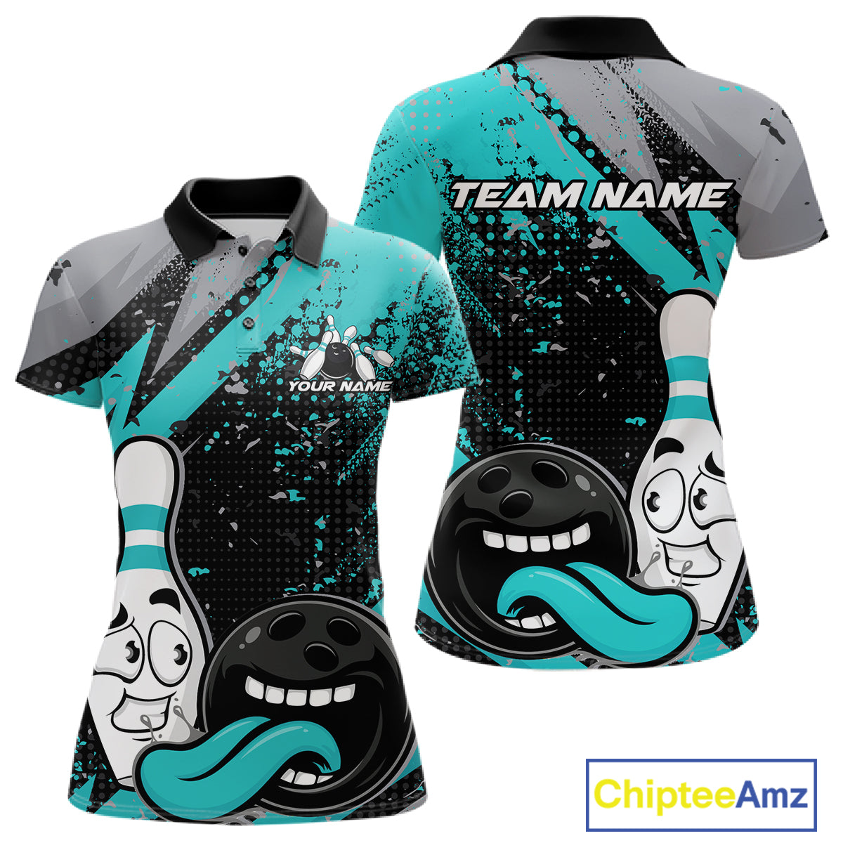 Custom Funny Bowling Women Polo Shirt, Turquoise Bowling Ball And Pin Bowling Jersey IPHW12730