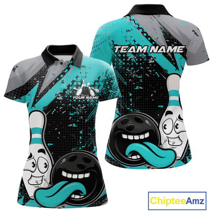 Custom Funny Bowling Women Polo Shirt, Turquoise Bowling Ball And Pin Bowling Jersey IPHW12730