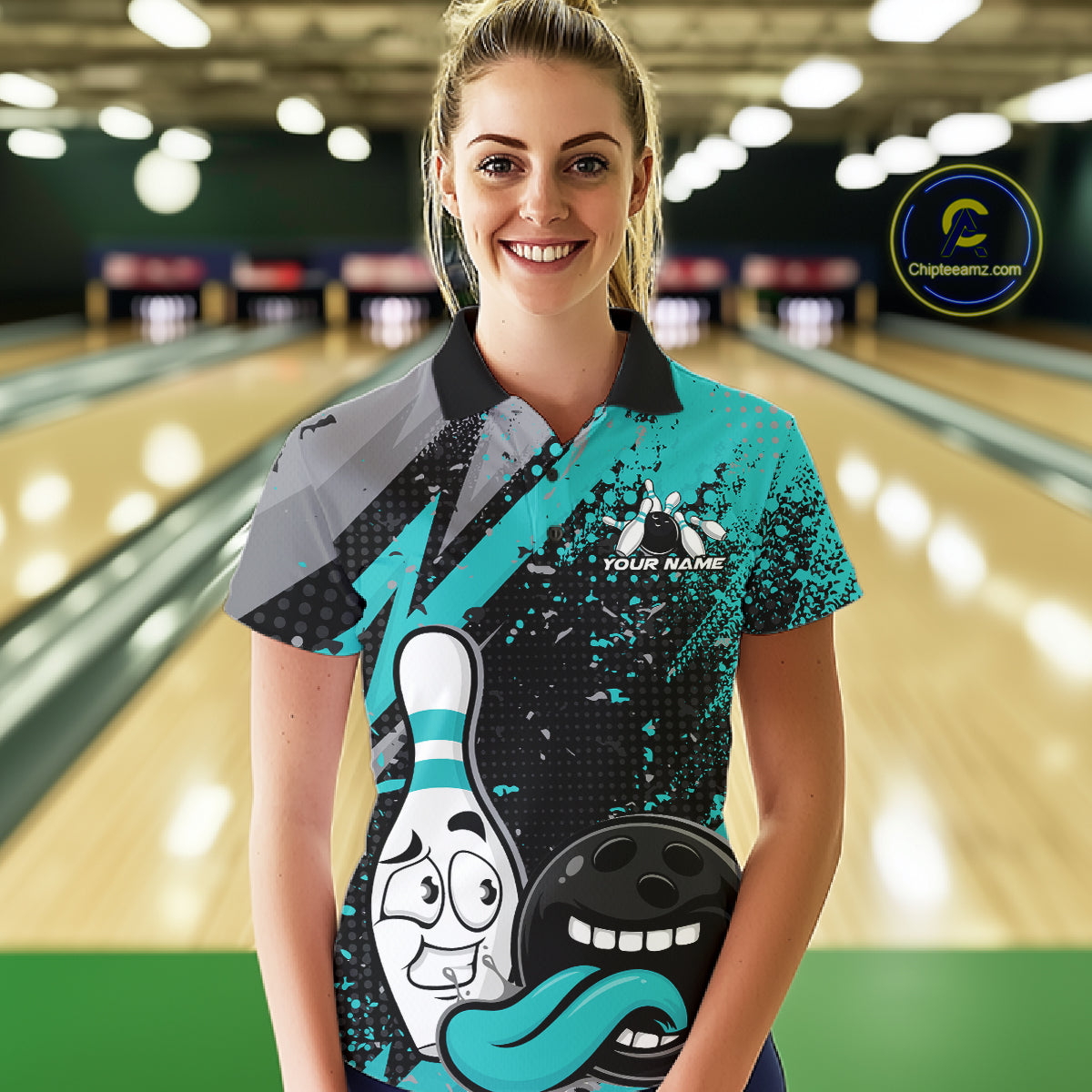 Custom Funny Bowling Women Polo Shirt, Turquoise Bowling Ball And Pin Bowling Jersey IPHW12730