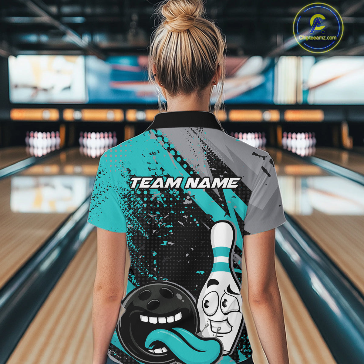 Custom Funny Bowling Women Polo Shirt, Turquoise Bowling Ball And Pin Bowling Jersey IPHW12730