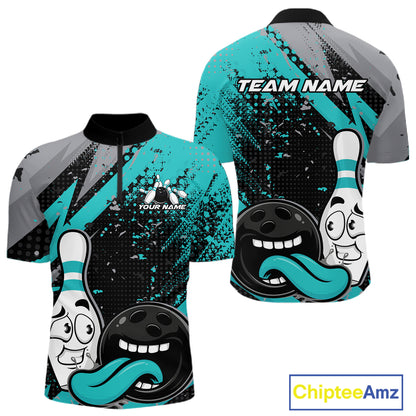 Custom Funny Bowling Men Quarter Zip Shirt, Turquoise Bowling Ball And Pin Bowling Jersey IPHW12730