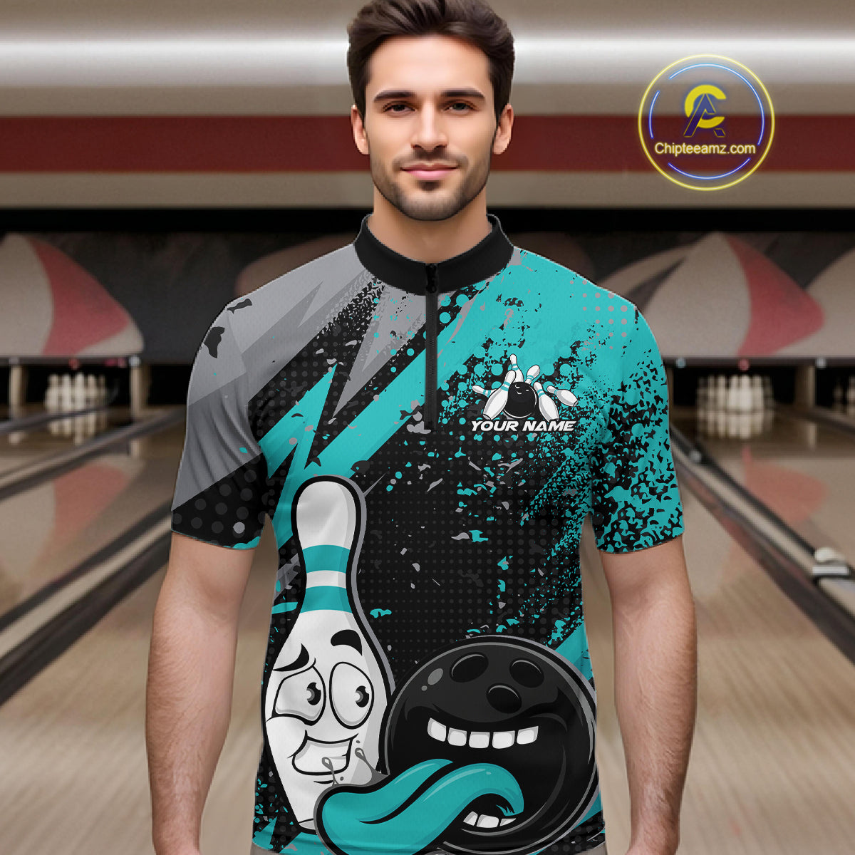Custom Funny Bowling Men Quarter Zip Shirt, Turquoise Bowling Ball And Pin Bowling Jersey IPHW12730