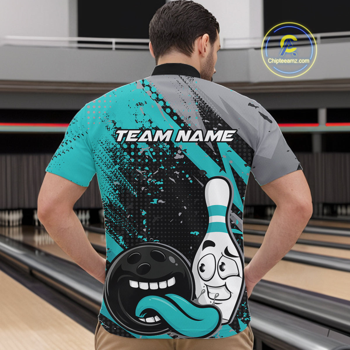 Custom Funny Bowling Men Quarter Zip Shirt, Turquoise Bowling Ball And Pin Bowling Jersey IPHW12730