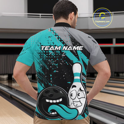 Custom Funny Bowling Men Quarter Zip Shirt, Turquoise Bowling Ball And Pin Bowling Jersey IPHW12730
