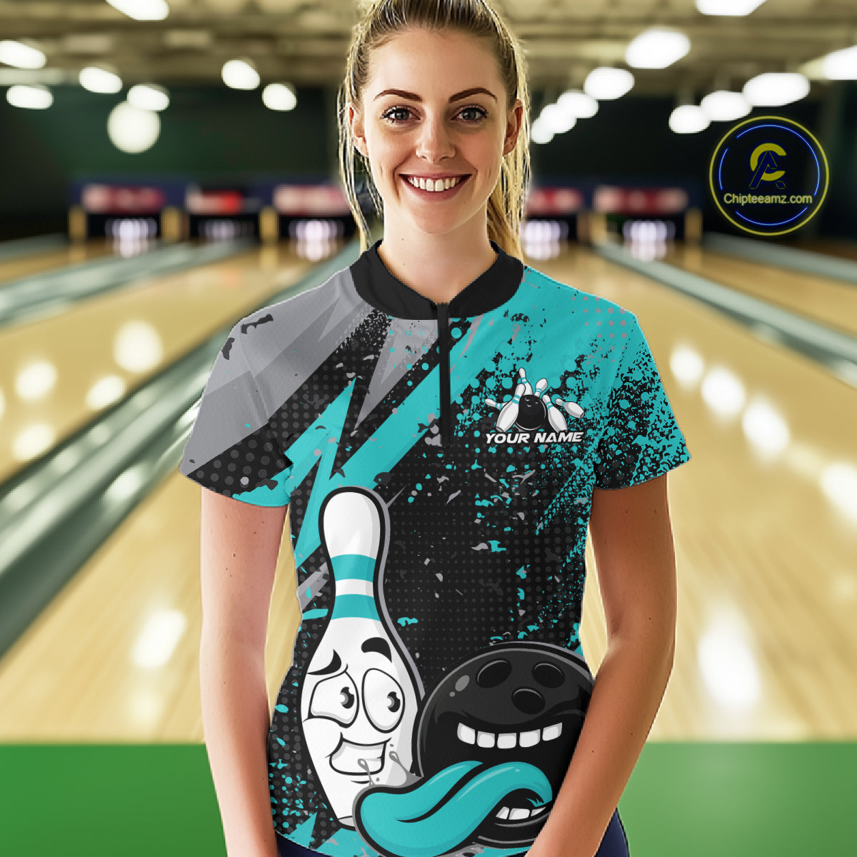 Custom Funny Bowling Women Quarter-Zip Shirt, Turquoise Bowling Ball And Pin Jersey IPHW12730