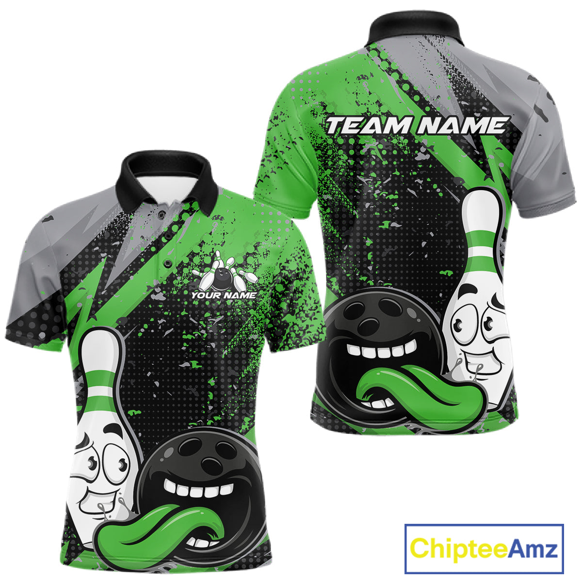 Custom Funny Bowling Men Polo Shirt, Green Bowling Ball And Pin Bowling Jersey IPHW12731