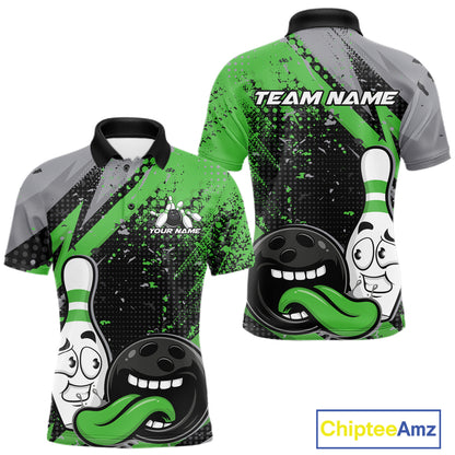 Custom Funny Bowling Men Polo Shirt, Green Bowling Ball And Pin Bowling Jersey IPHW12731