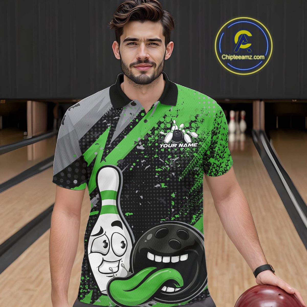 Custom Funny Bowling Men Polo Shirt, Green Bowling Ball And Pin Bowling Jersey IPHW12731
