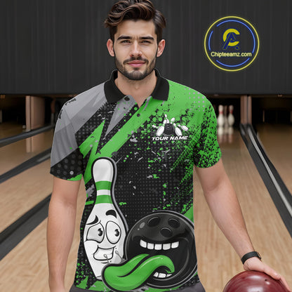 Custom Funny Bowling Men Polo Shirt, Green Bowling Ball And Pin Bowling Jersey IPHW12731