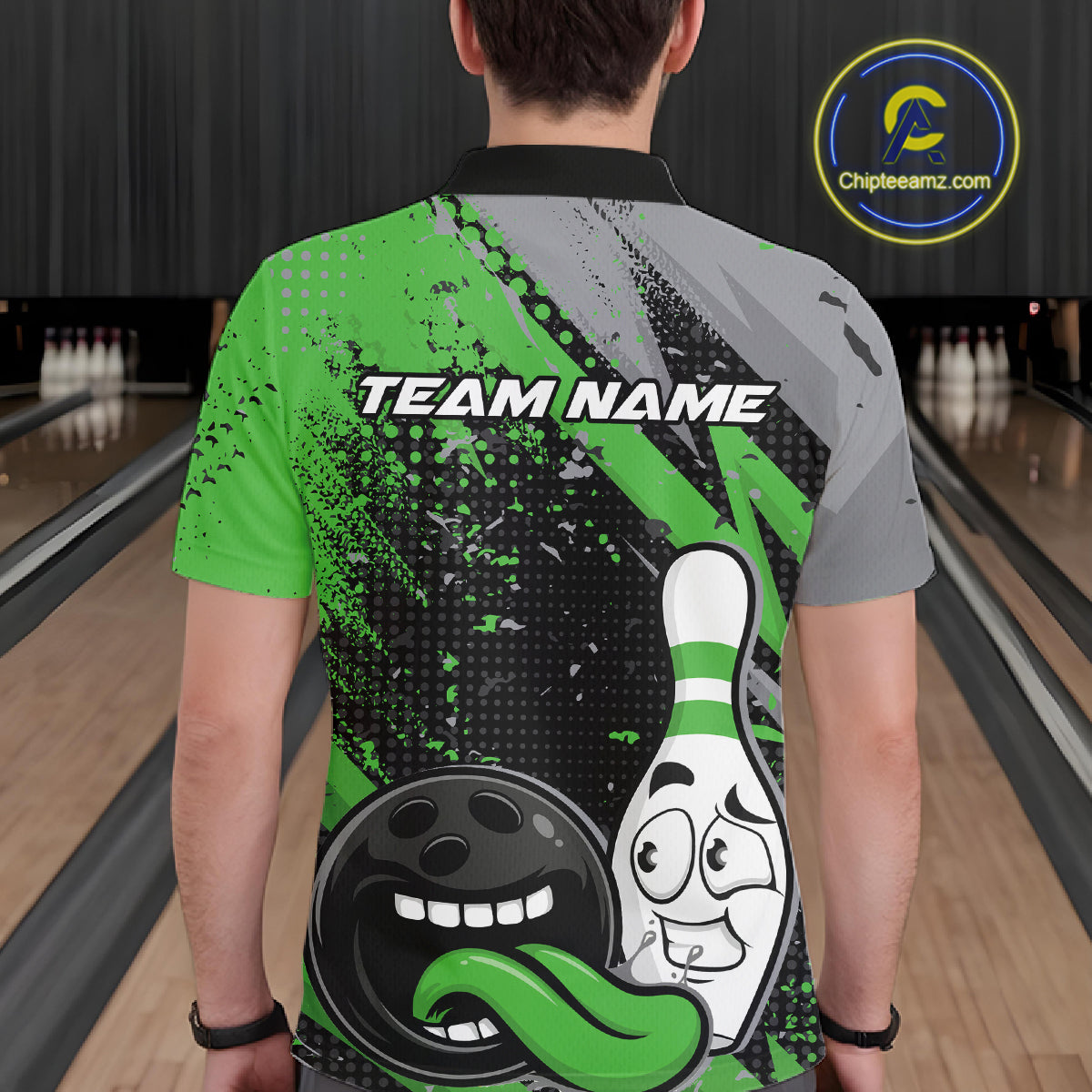 Custom Funny Bowling Men Polo Shirt, Green Bowling Ball And Pin Bowling Jersey IPHW12731