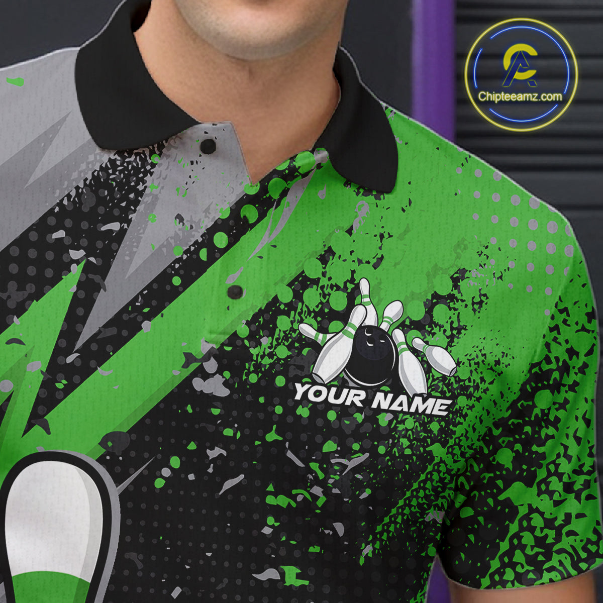 Custom Funny Bowling Men Polo Shirt, Green Bowling Ball And Pin Bowling Jersey IPHW12731