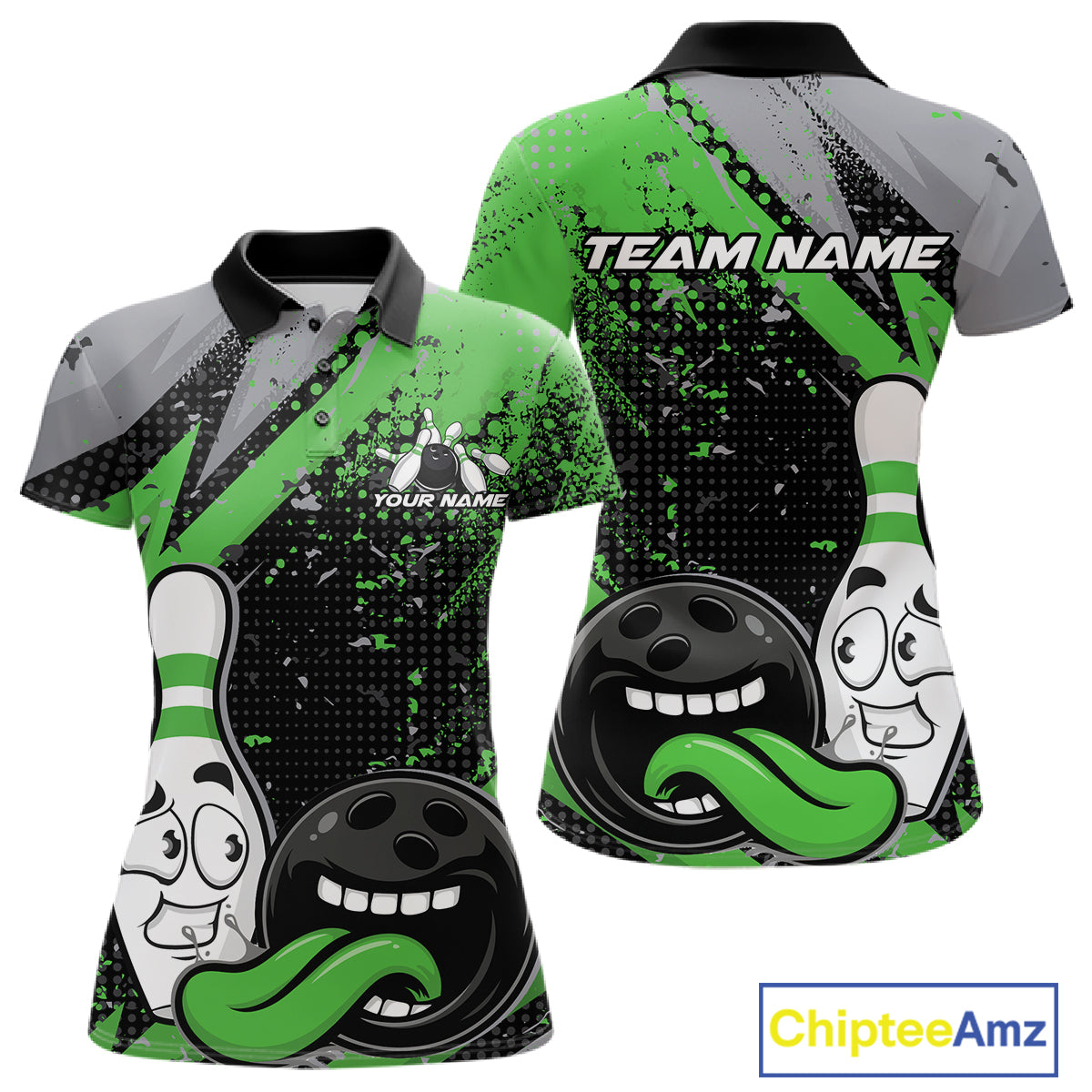 Custom Funny Bowling Women Polo Shirt, Green Bowling Ball And Pin Bowling Jersey IPHW12731