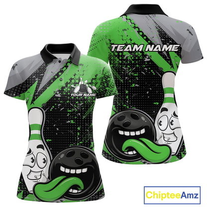 Custom Funny Bowling Women Polo Shirt, Green Bowling Ball And Pin Bowling Jersey IPHW12731