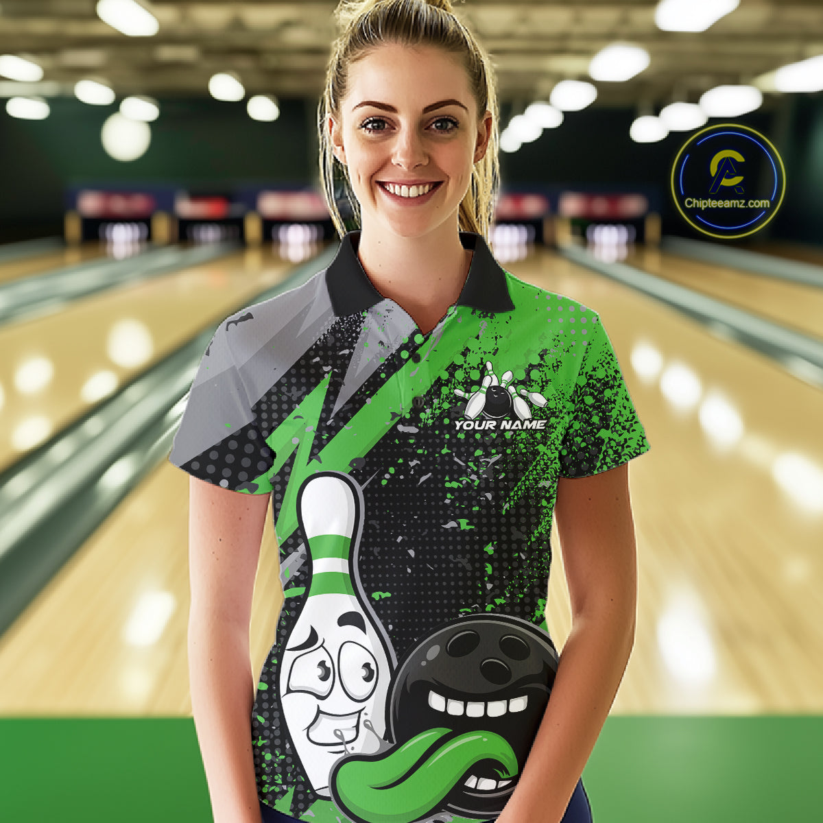 Custom Funny Bowling Women Polo Shirt, Green Bowling Ball And Pin Bowling Jersey IPHW12731