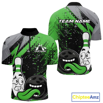 Custom Funny Bowling Men Quarter Zip Shirt, Green Bowling Ball And Pin Bowling Jersey IPHW12731